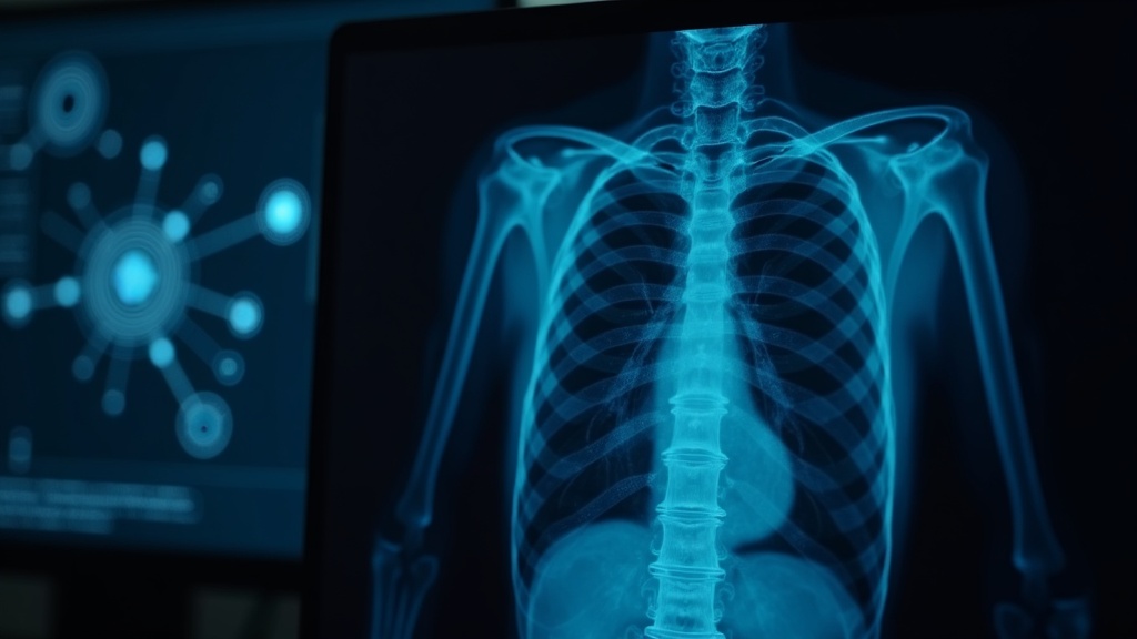 An AI system analyzing a digital X-ray scan on a computer screen, with clear bones and lungs visible, glowing neural network visualization in the background.